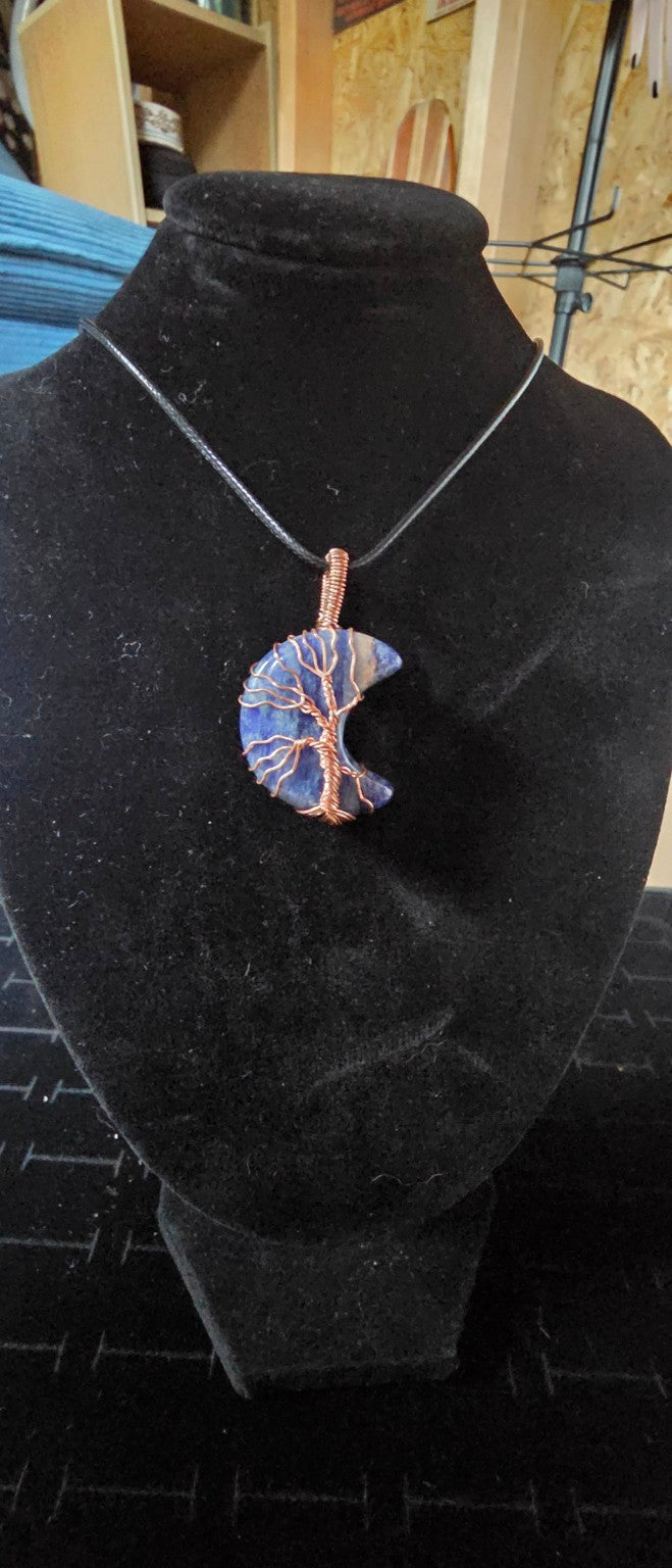 Navy blue gemstone crescent moon Tree of Life necklace