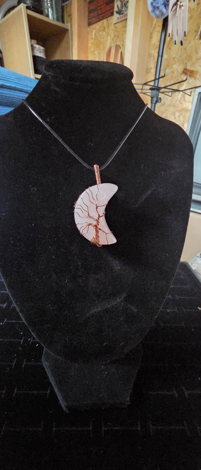 Pale luminous crescent moon Tree of Life necklace