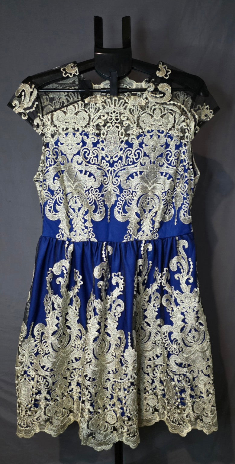 YNQJ royal blue metallic embroidered dress front