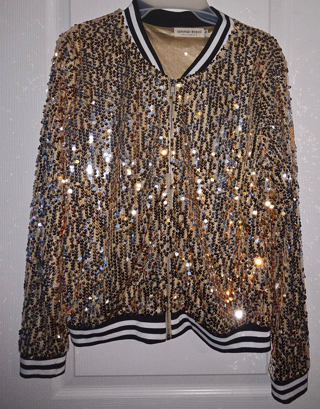 Anna-Kaci Sequin Bomber Jacket S Gold Black Sparkle Disco Glam Party Festival