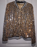Anna-Kaci Sequin Bomber Jacket S Gold Black Sparkle Disco Glam Party Festival