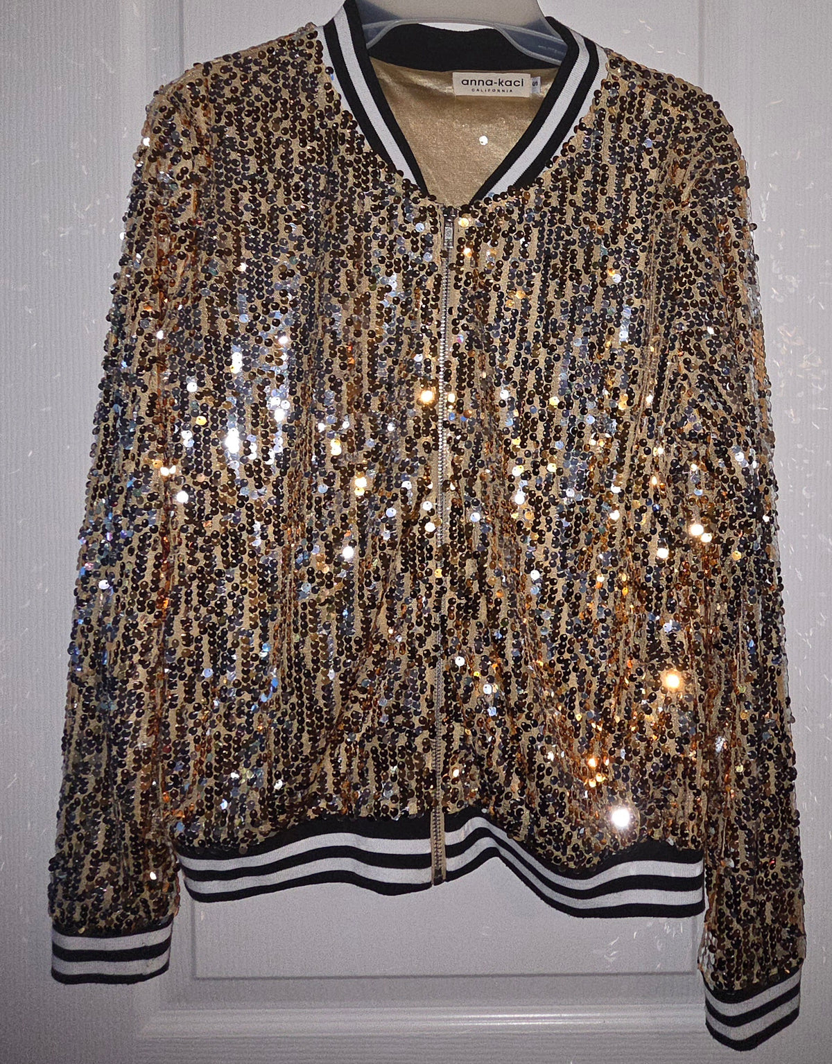 Anna-Kaci Sequin Bomber Jacket S Gold Black Sparkle Disco Glam Party Festival