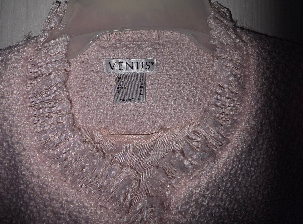 VENUS Tweed Jacket 6 Light Pink Boucle Fringe Longline Quiet Luxury Preppy
