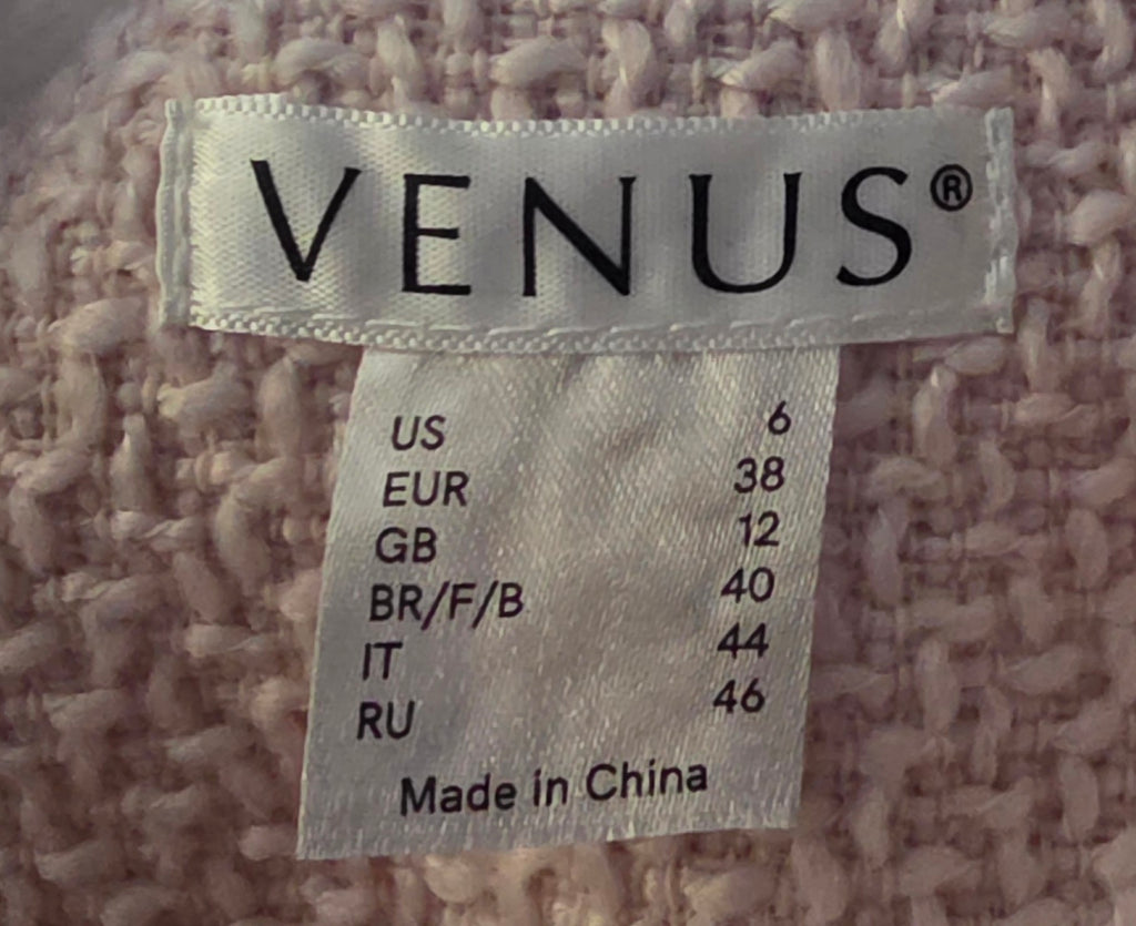VENUS Tweed Jacket 6 Light Pink Boucle Fringe Longline Quiet Luxury Preppy