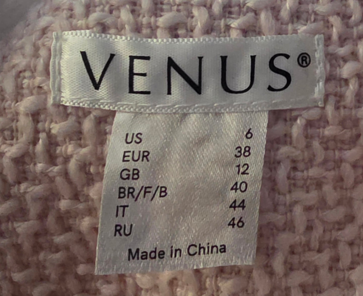 VENUS Tweed Jacket 6 Light Pink Boucle Fringe Longline Quiet Luxury Preppy