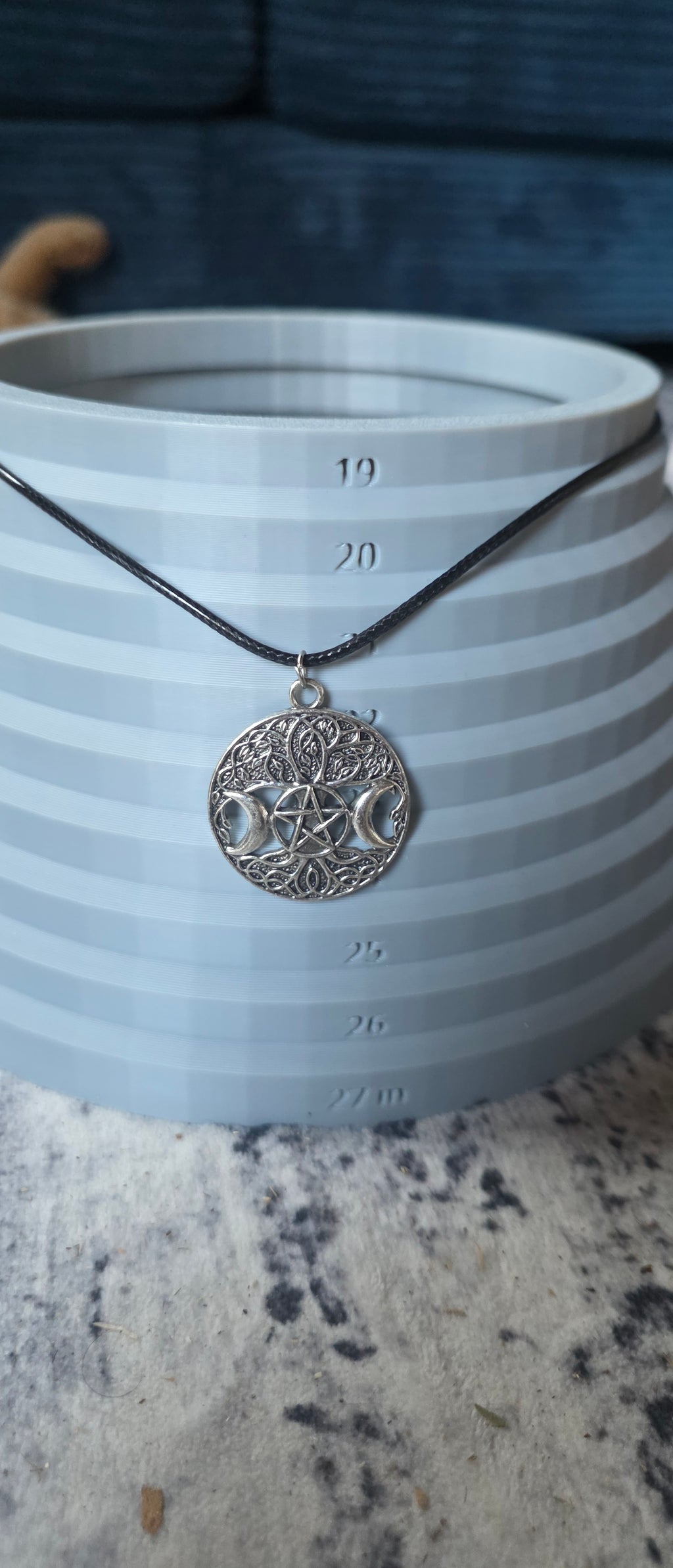 Triple Moon Pentacle Necklace – Silver-Tone Celtic Filigree Black Cord