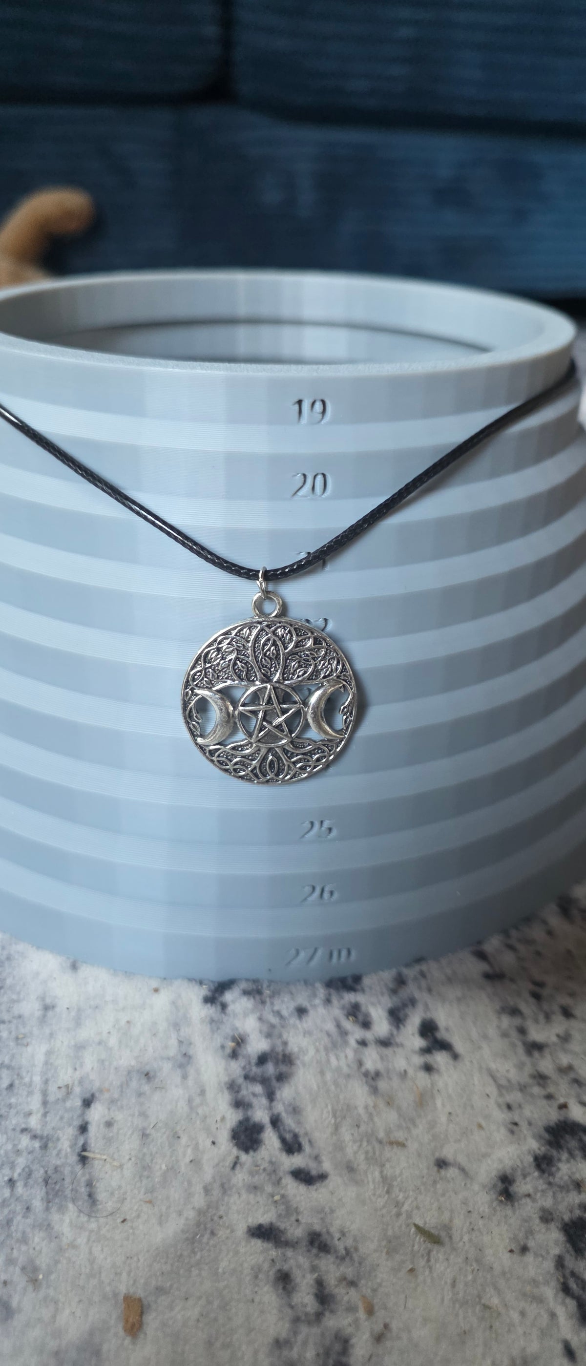 Triple Moon Pentacle Necklace – Silver-Tone Celtic Filigree Black Cord