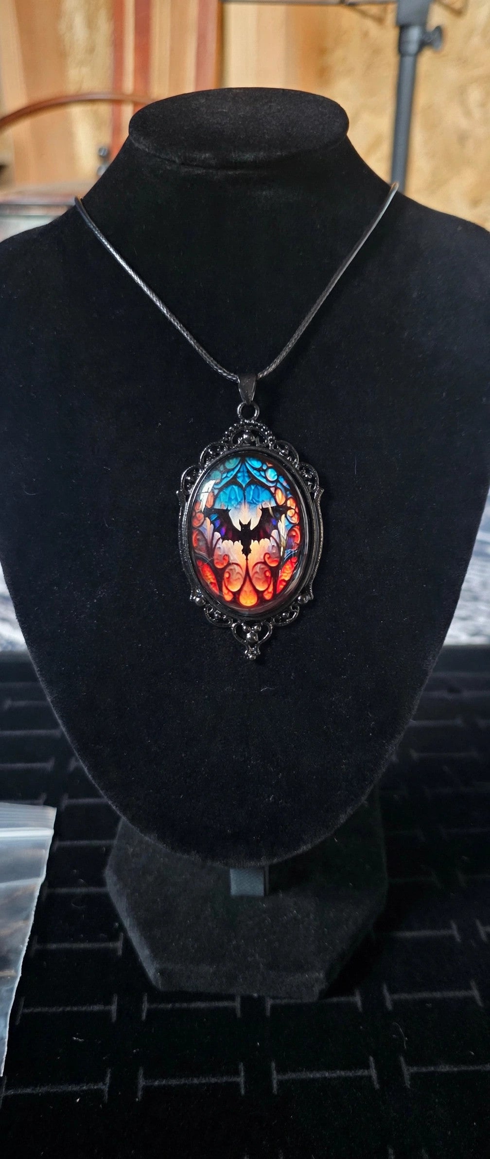 Bat Pendant Necklace – Black Cord – Gothic Stained Glass Style Halloween