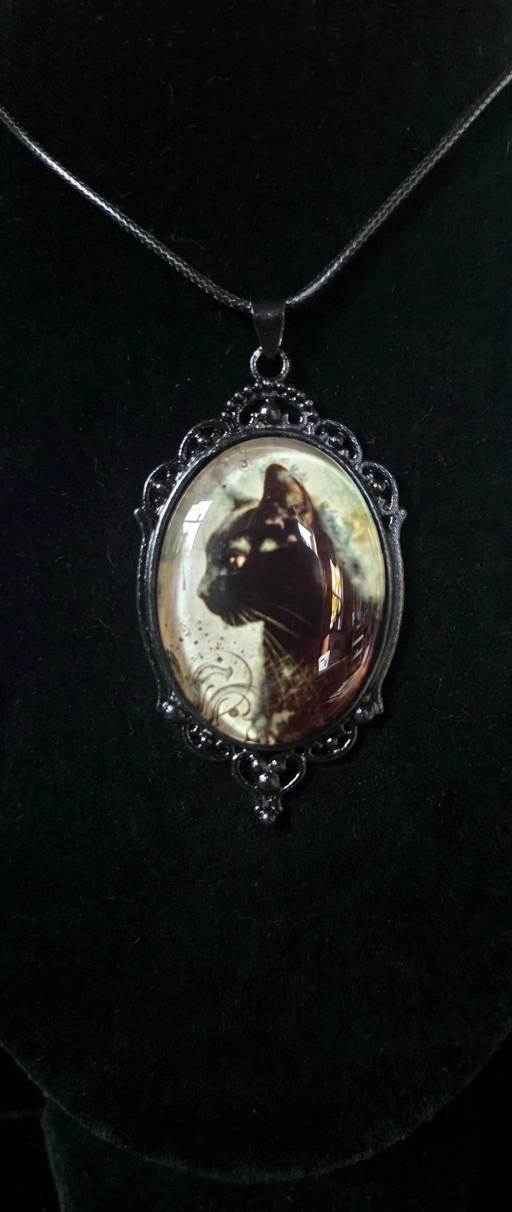 Black Cat Pendant Necklace – Black Cord – Gothic Witchy Halloween Jewelry