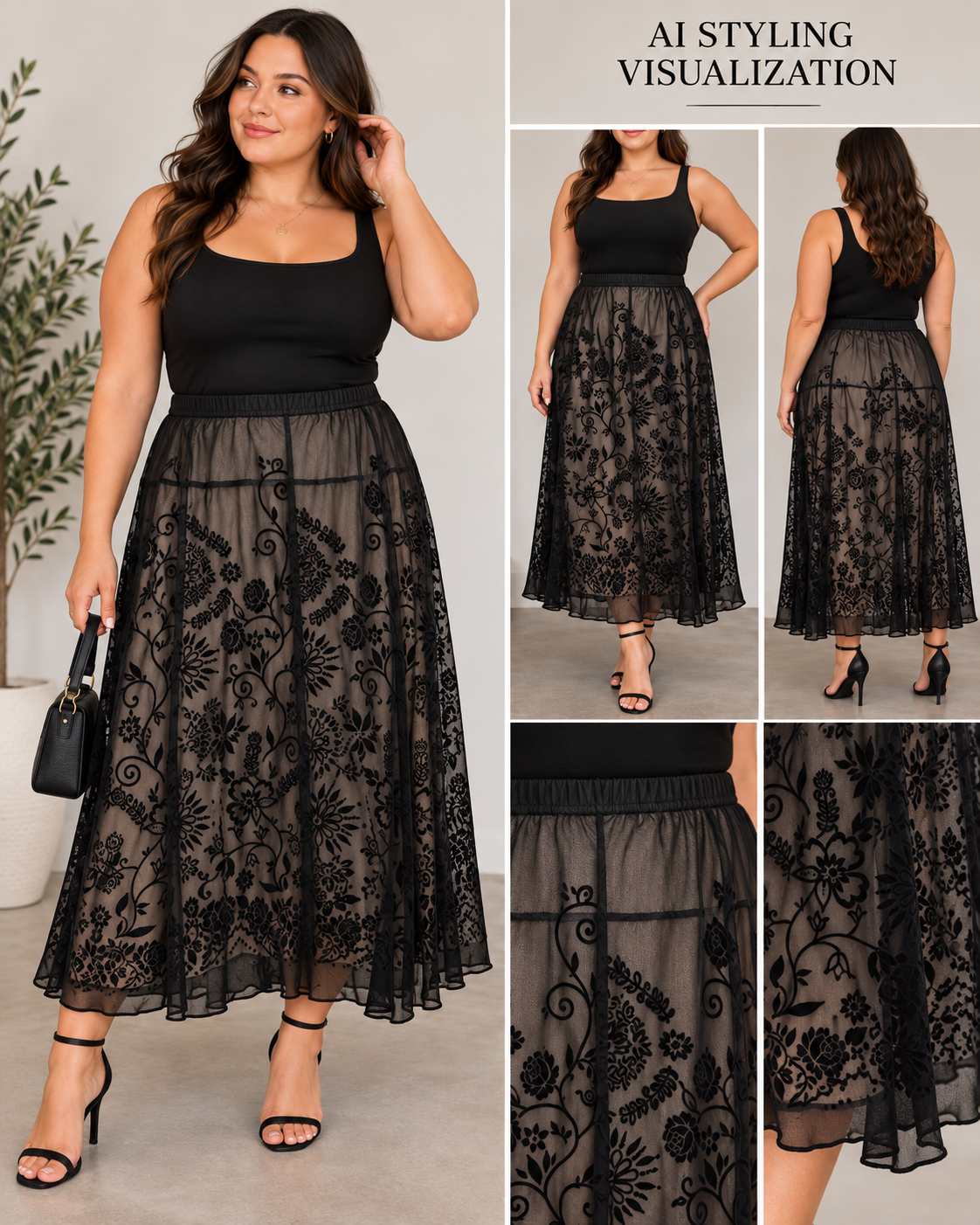 Coldwater Creek Skirt L Black Flocked Floral Mesh Whimsigoth Romantic Goth