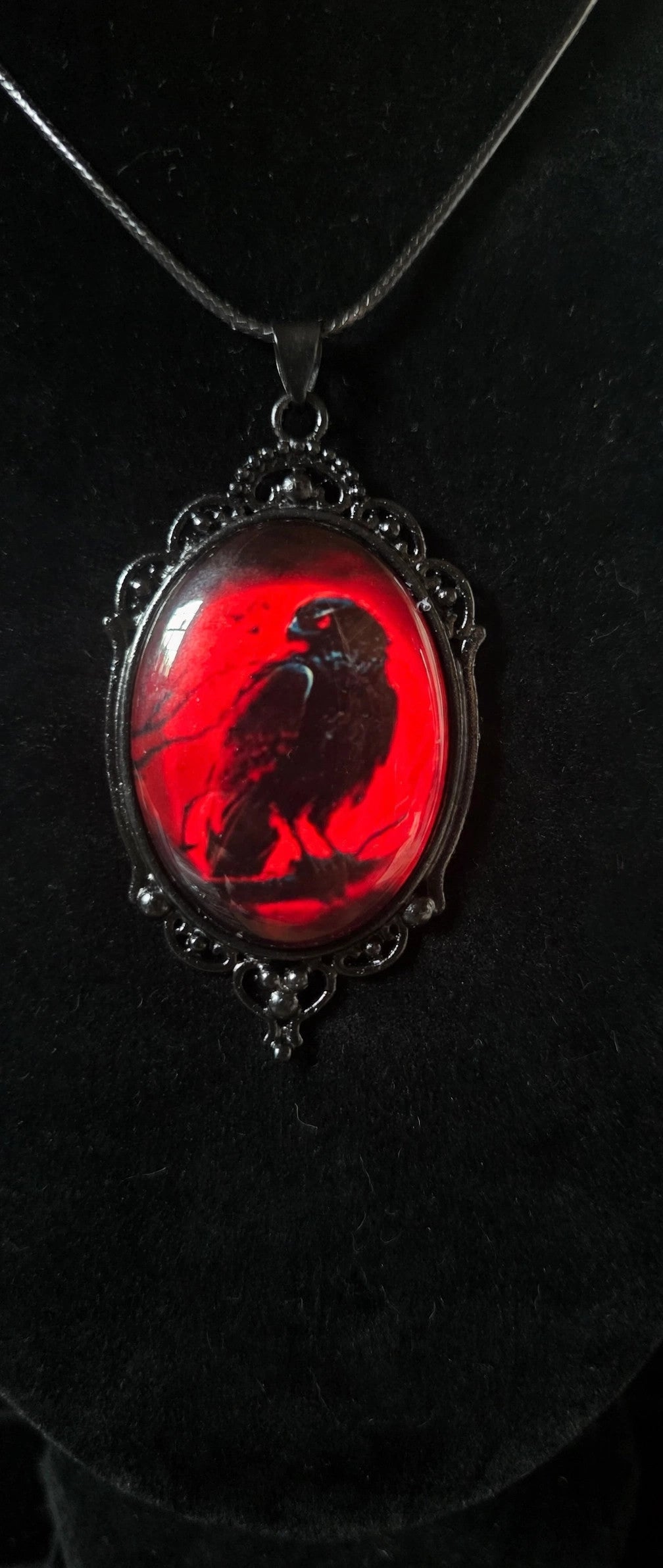 Raven Pendant Necklace – Red Moon Black Cord – Gothic Witchy Halloween