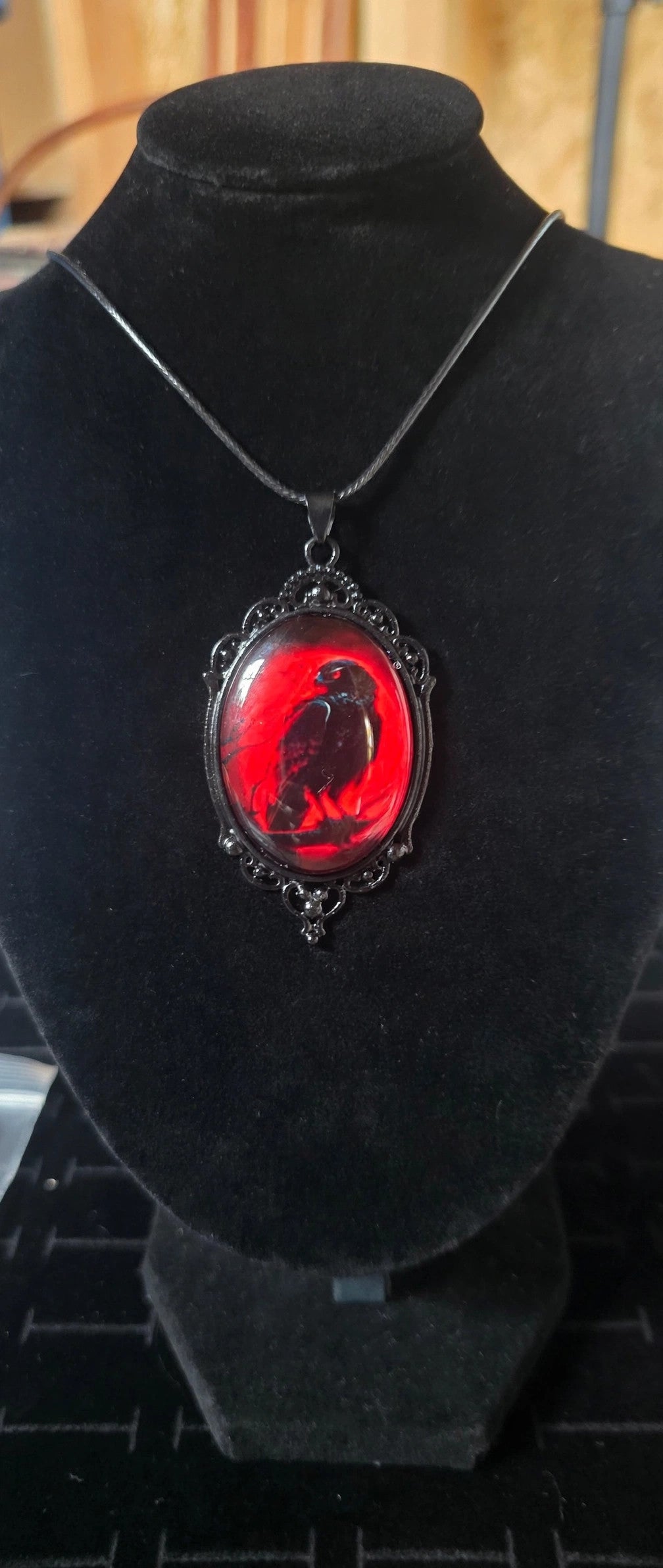 Raven Pendant Necklace – Red Moon Black Cord – Gothic Witchy Halloween