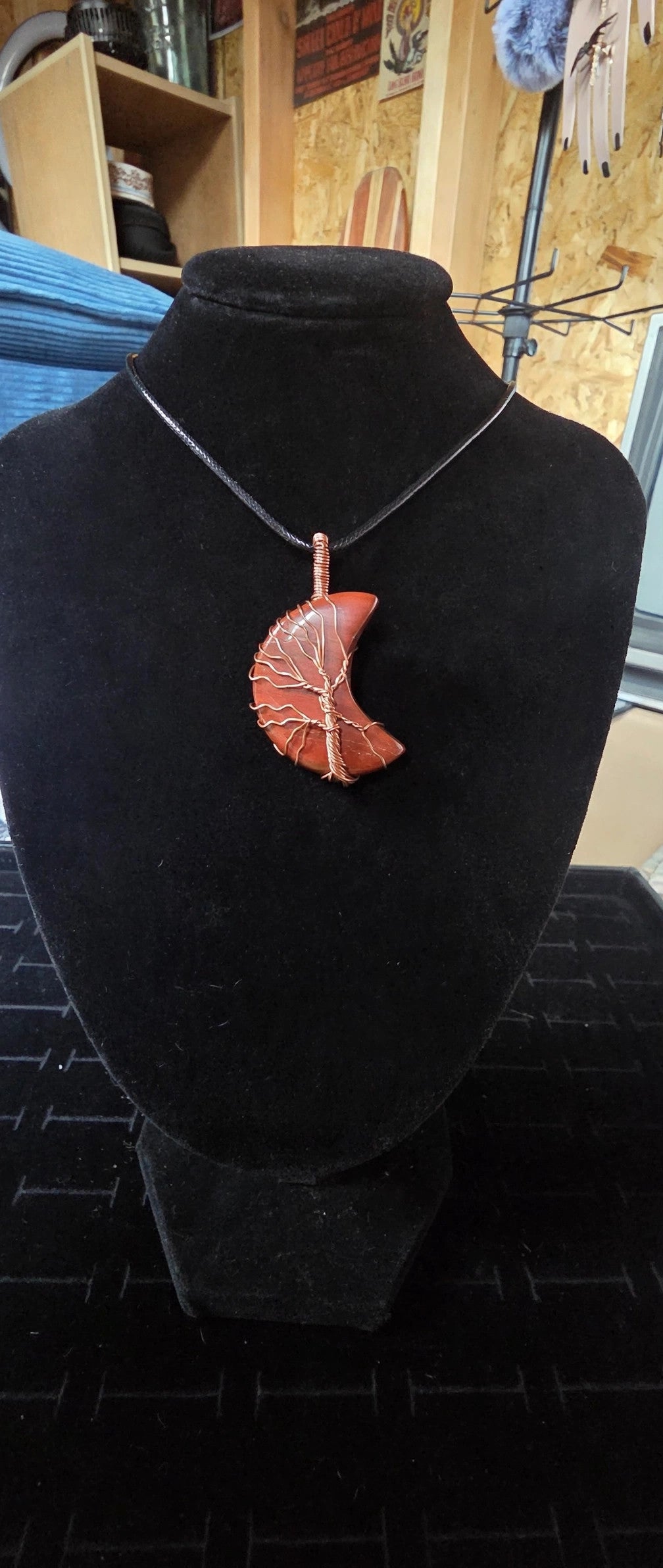 Red Jasper Gemstone Crescent Moon Tree of Life Necklace – Boho Witchy Crystal Jewelry