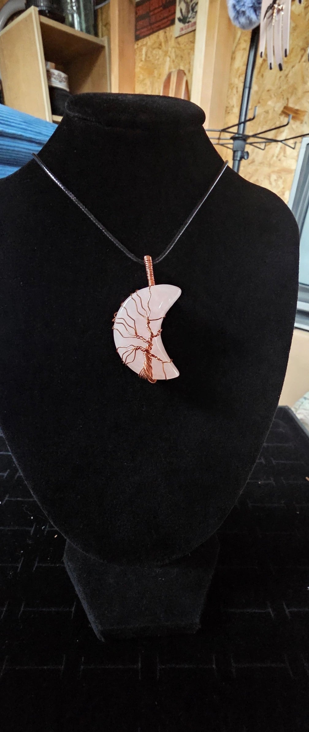 Rose Quartz Crescent Moon Tree of Life Necklace – Witchy Boho Crystal Jewelry