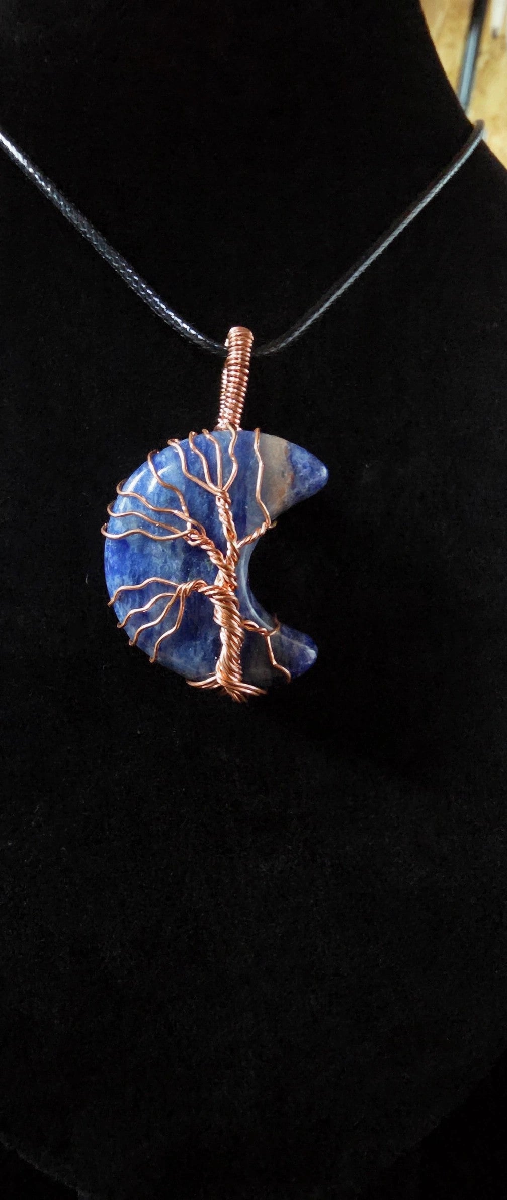 Sodalite Gemstone Crescent Moon Tree of Life Necklace – Witchy Celestial Pendant