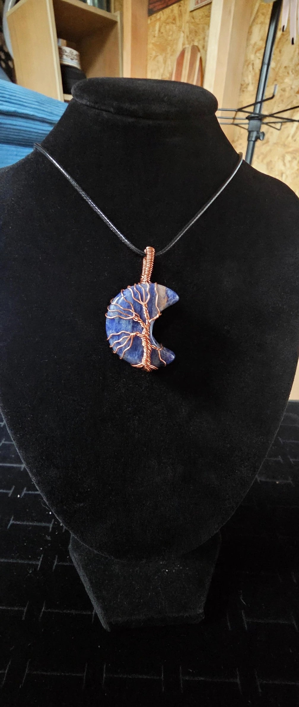 Sodalite Gemstone Crescent Moon Tree of Life Necklace – Witchy Celestial Pendant