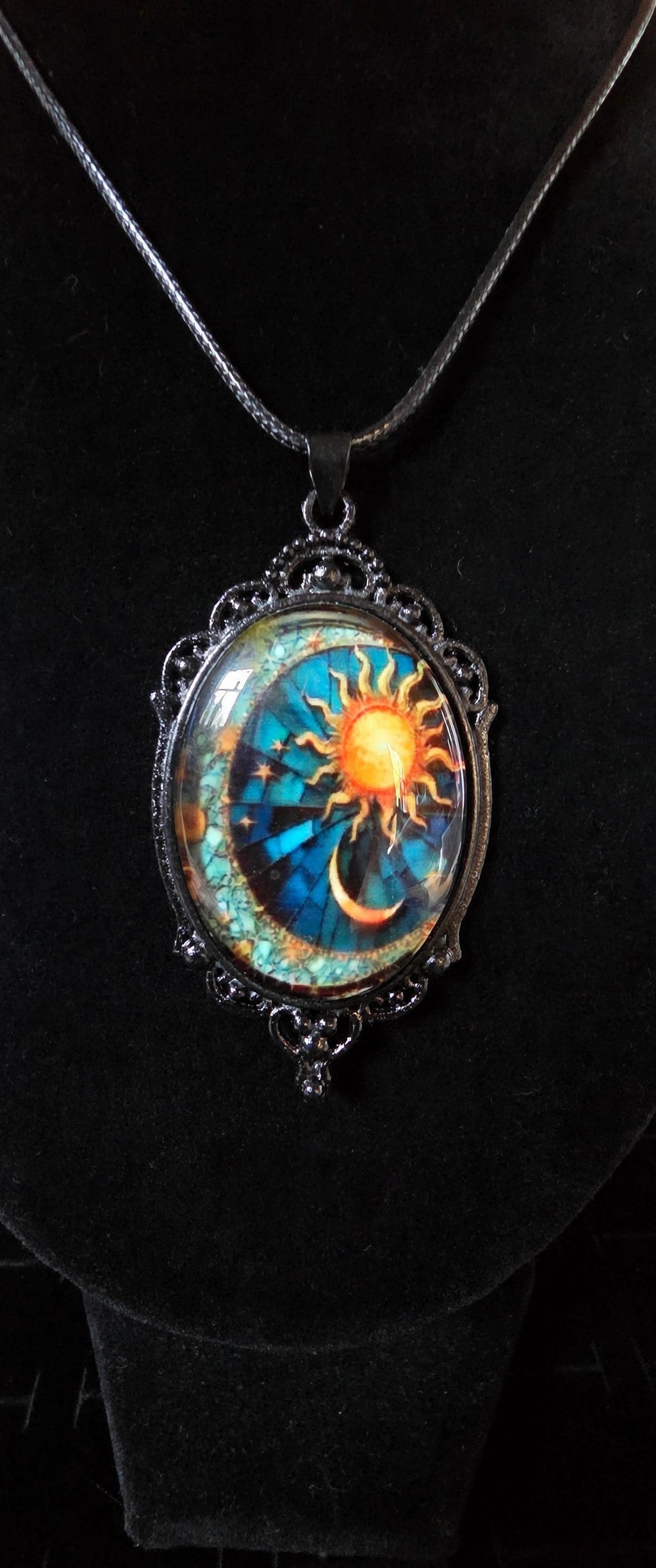 Celestial Sun & Moon Pendant Necklace – Black Cord – Witchy Boho Gothic