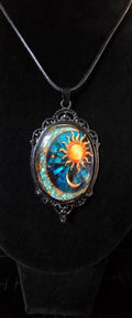 Celestial Sun & Moon Pendant Necklace – Black Cord – Witchy Boho Gothic