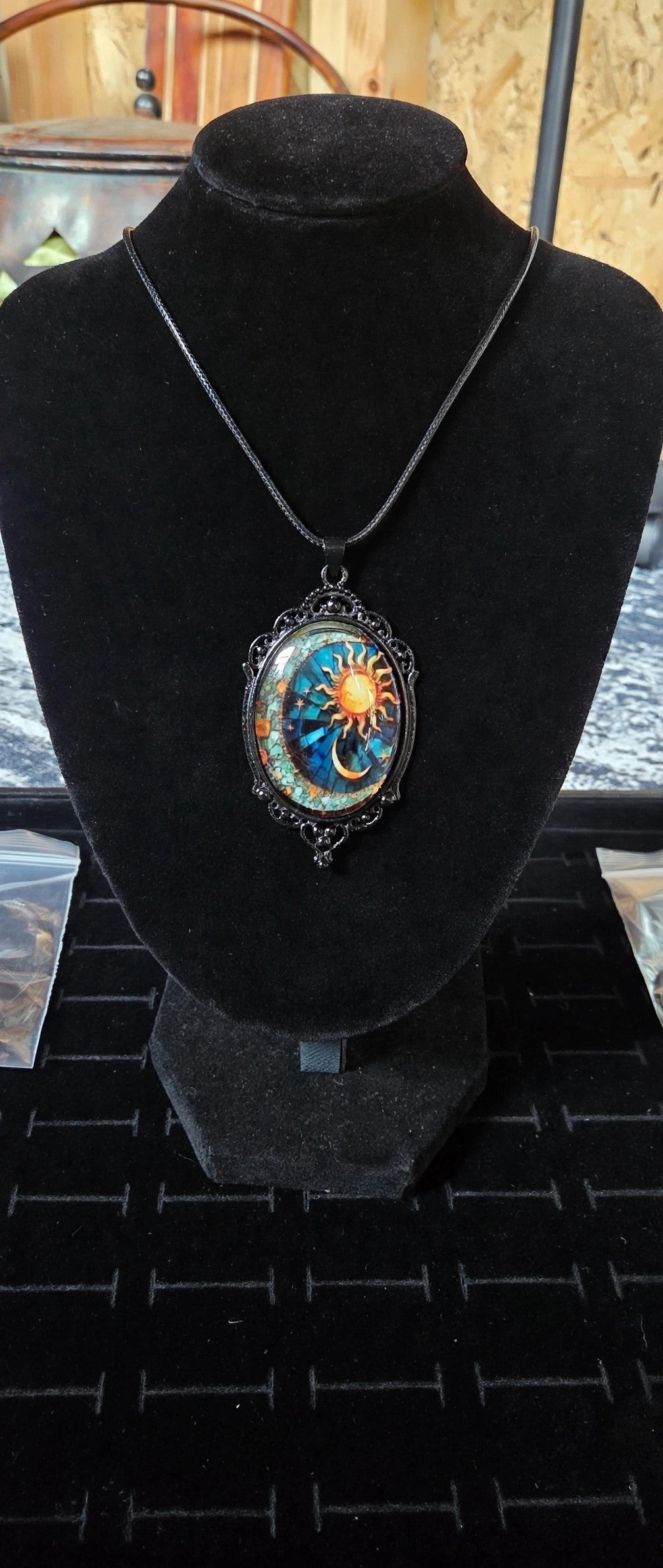 Celestial Sun & Moon Pendant Necklace – Black Cord – Witchy Boho Gothic