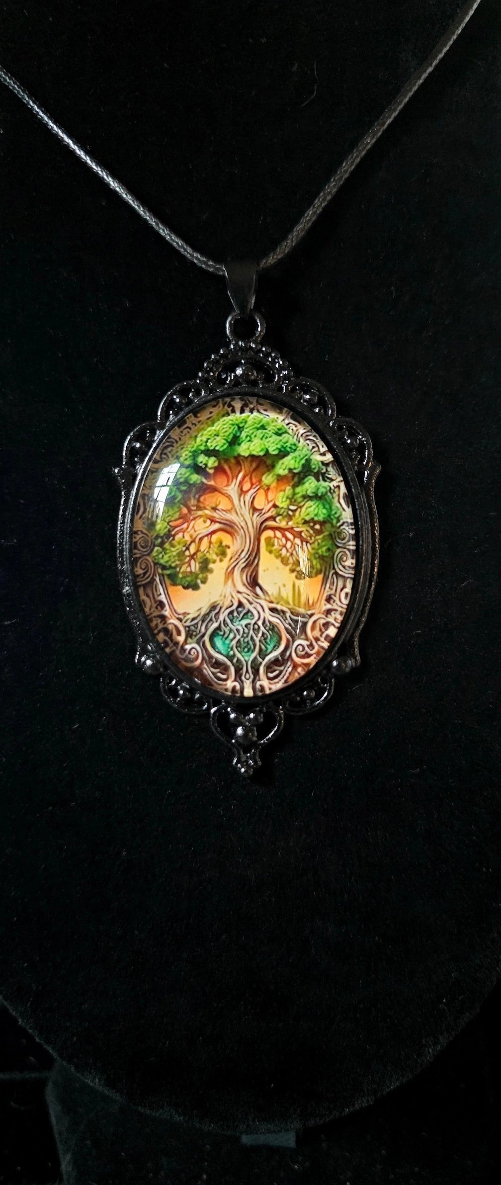 Green Tree of Life Pendant Necklace – Black Cord – Boho Spiritual Witchy