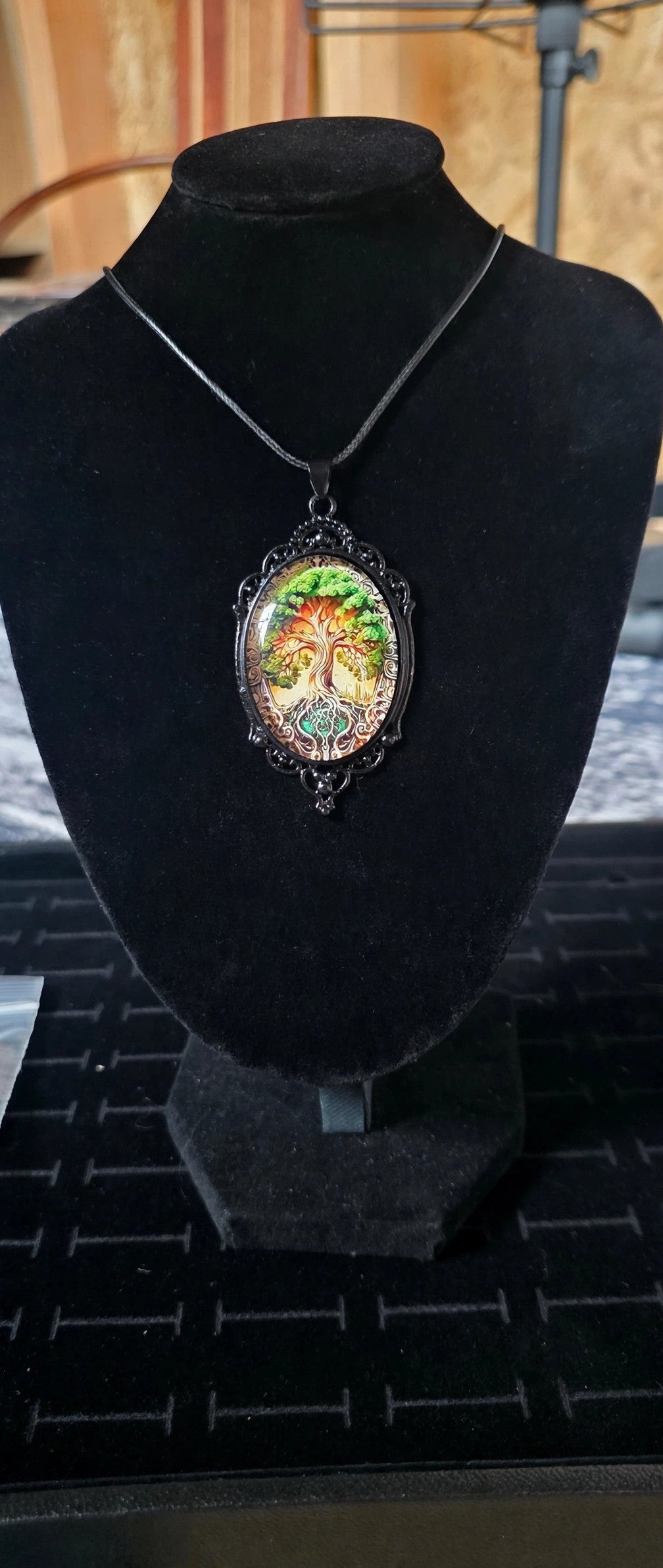 Green Tree of Life Pendant Necklace – Black Cord – Boho Spiritual Witchy