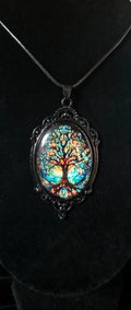 Blue Multicolor Tree of Life Pendant Necklace – Black Cord – Boho Witchy
