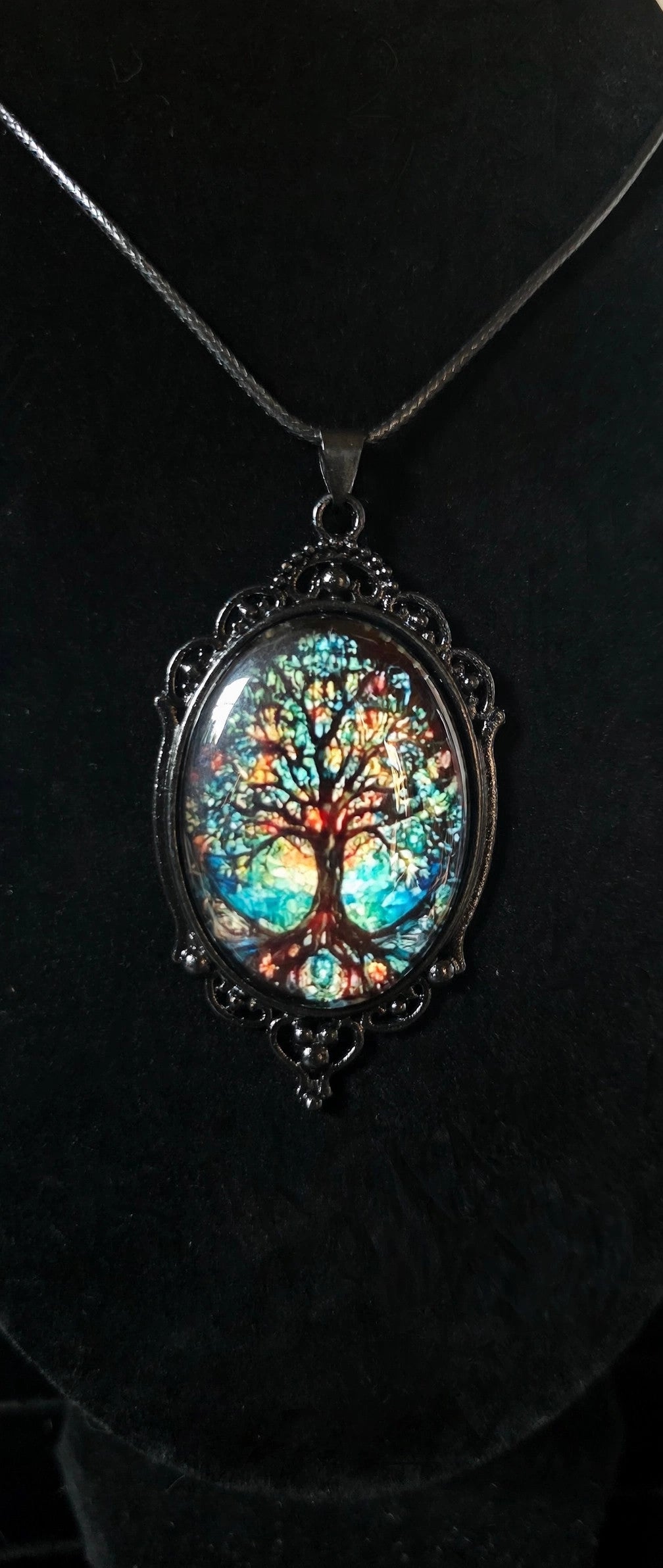 Blue Multicolor Tree of Life Pendant Necklace – Black Cord – Boho Witchy