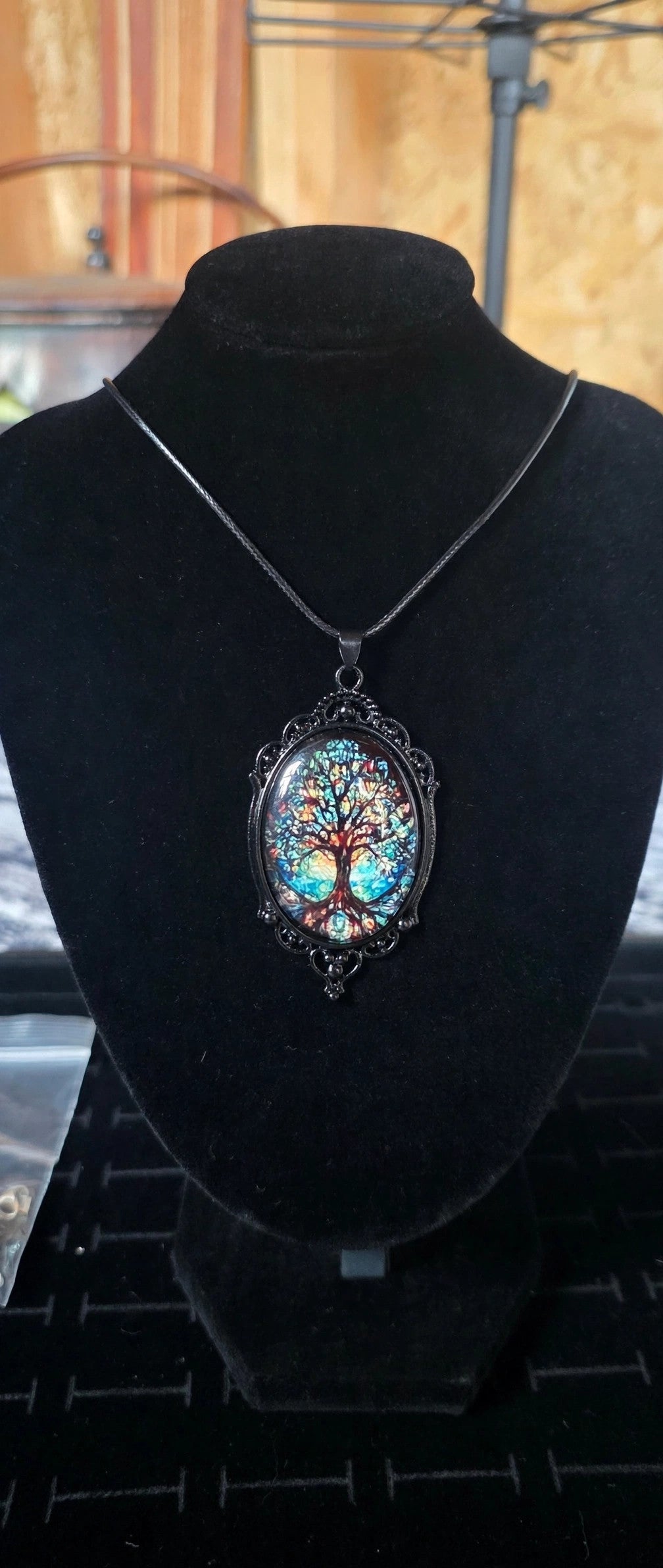 Blue Multicolor Tree of Life Pendant Necklace – Black Cord – Boho Witchy