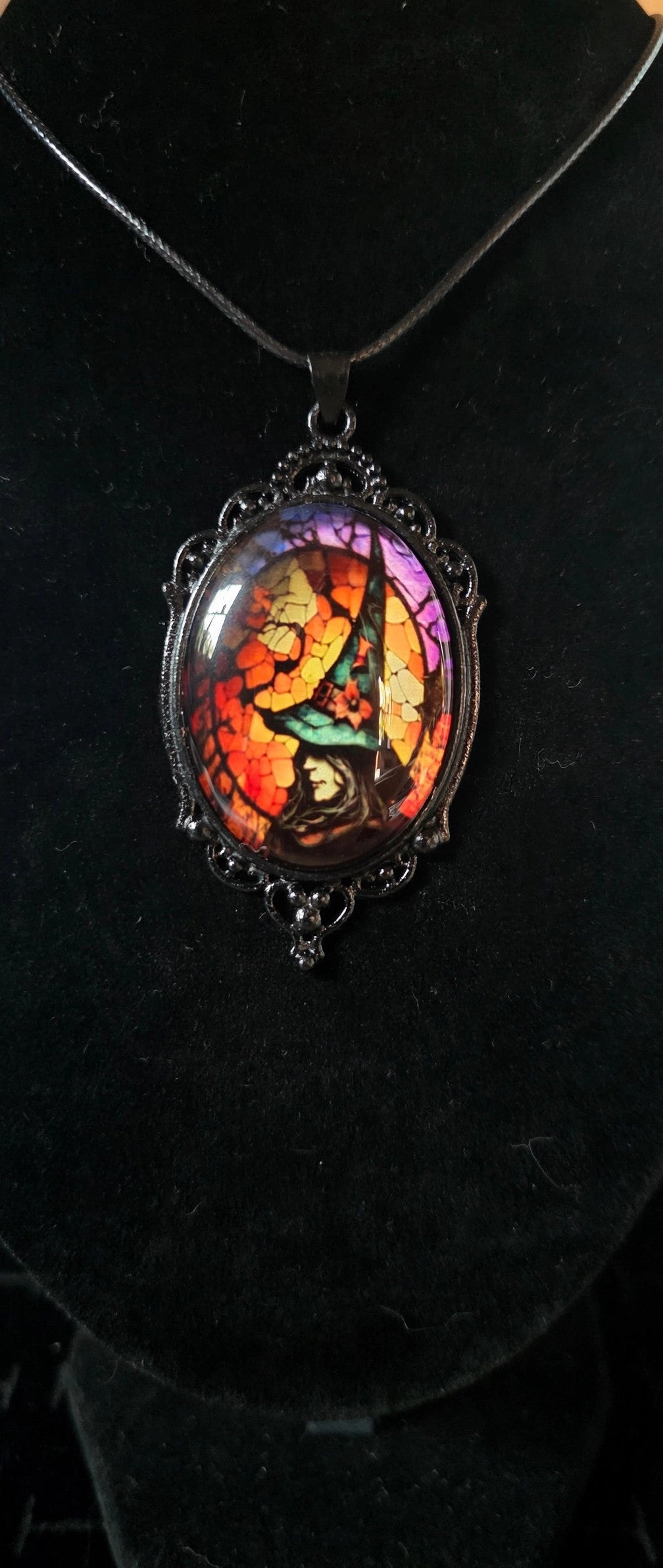 Witch Pendant Necklace – Black Cord – Stained Glass Style Gothic Halloween