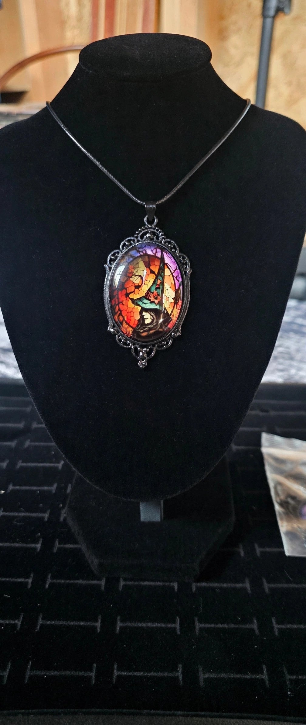 Witch Pendant Necklace – Black Cord – Stained Glass Style Gothic Halloween